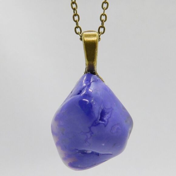 Purple Blue Polished Stone Pendant Necklace on 22 inch Antique Bronze Chain - Picture 7 of 10